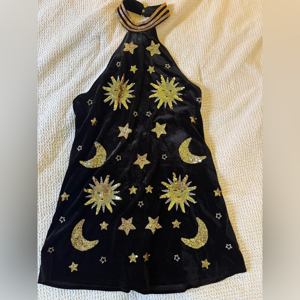 Black Dress with Gold Celestial Design